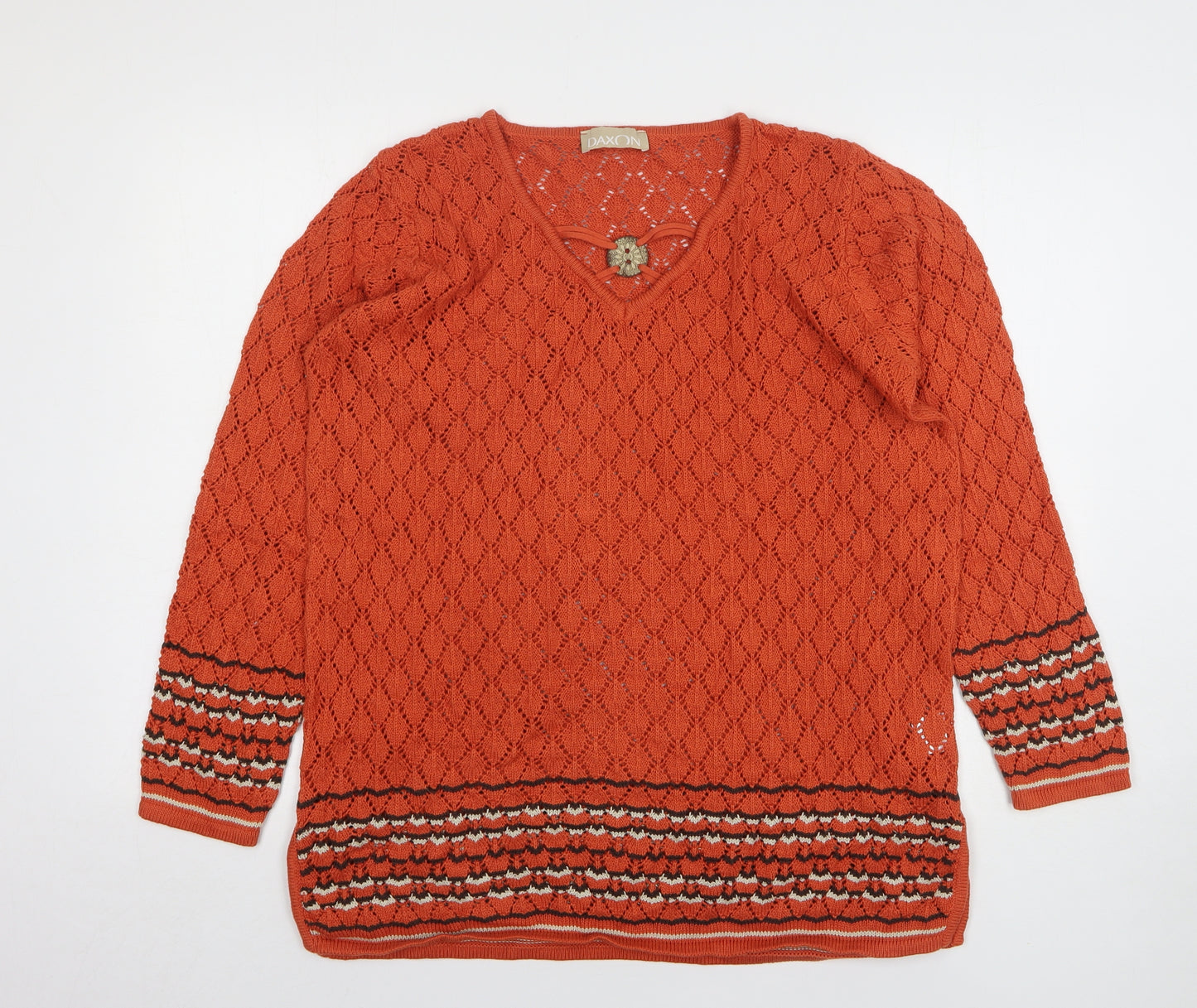 Daxon Womens Orange V-Neck Striped Cotton Pullover Jumper Size 18