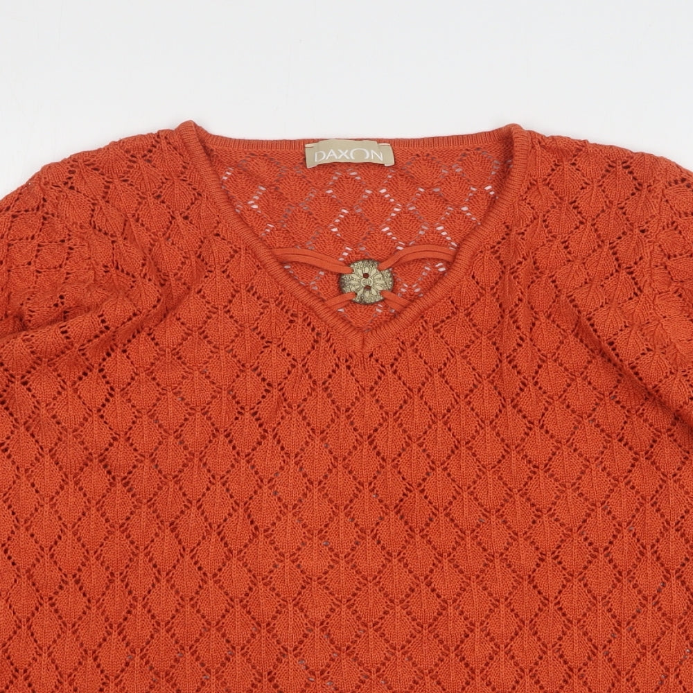 Daxon Womens Orange V-Neck Striped Cotton Pullover Jumper Size 18