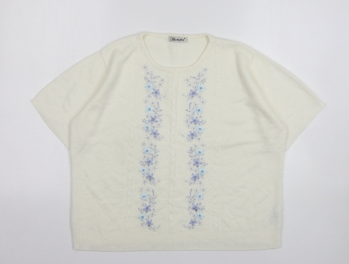 Berkertex Womens White Round Neck Floral Acrylic Pullover Jumper Size 14