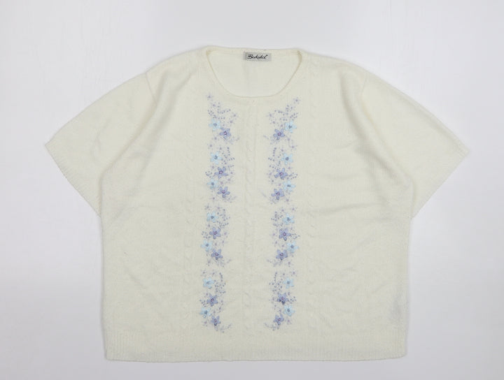 Berkertex Womens White Round Neck Floral Acrylic Pullover Jumper Size 14
