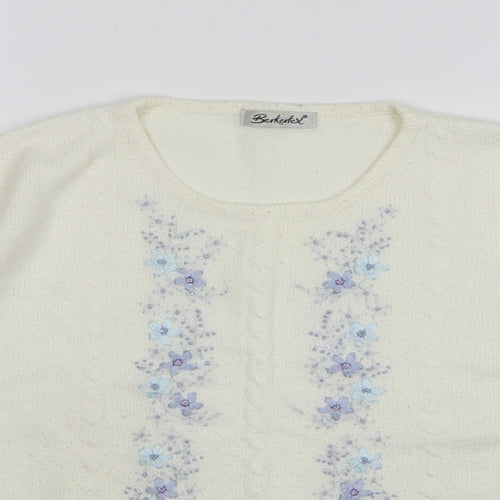 Berkertex Womens White Round Neck Floral Acrylic Pullover Jumper Size 14