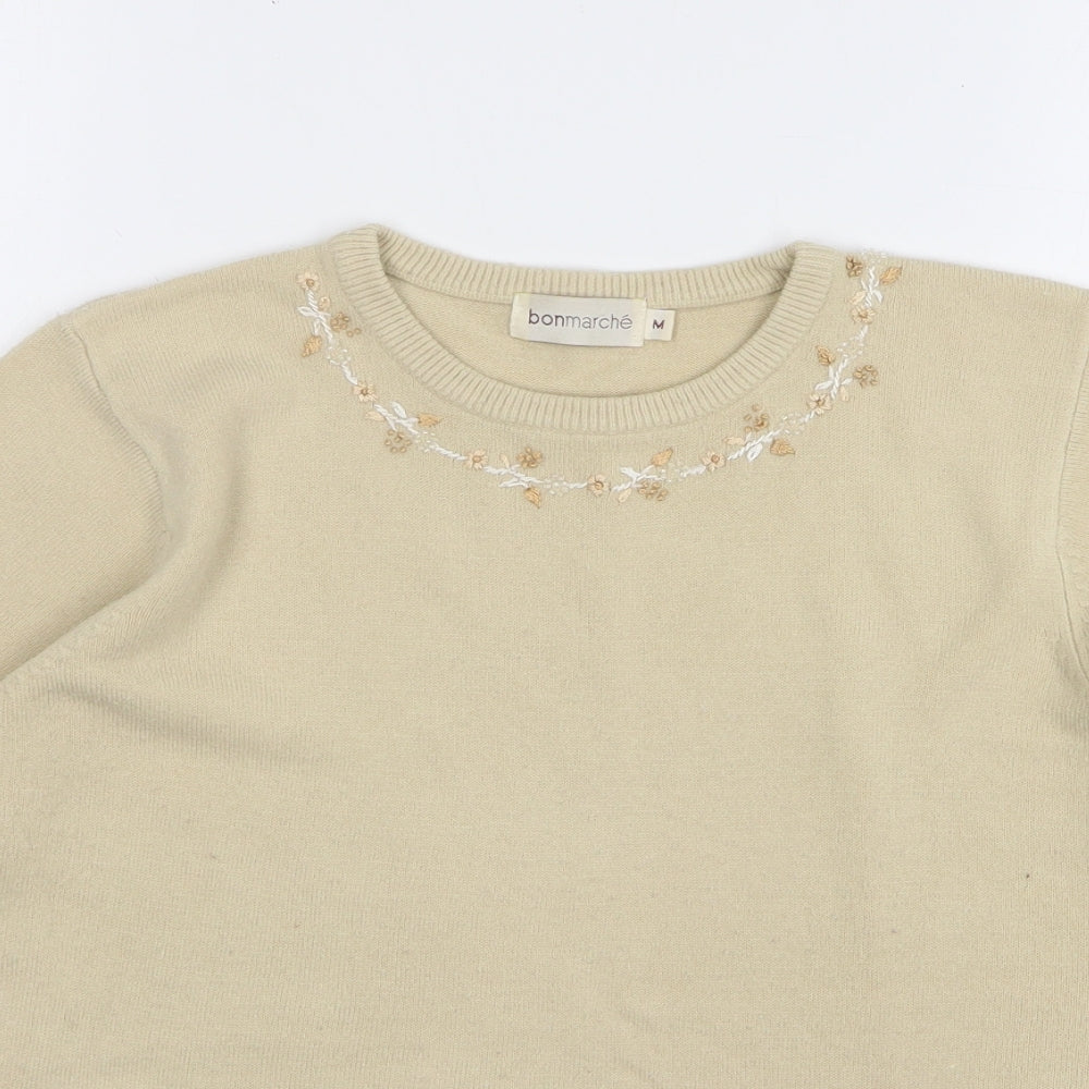 Bonmarché Womens Beige Round Neck Floral Acrylic Pullover Jumper Size M