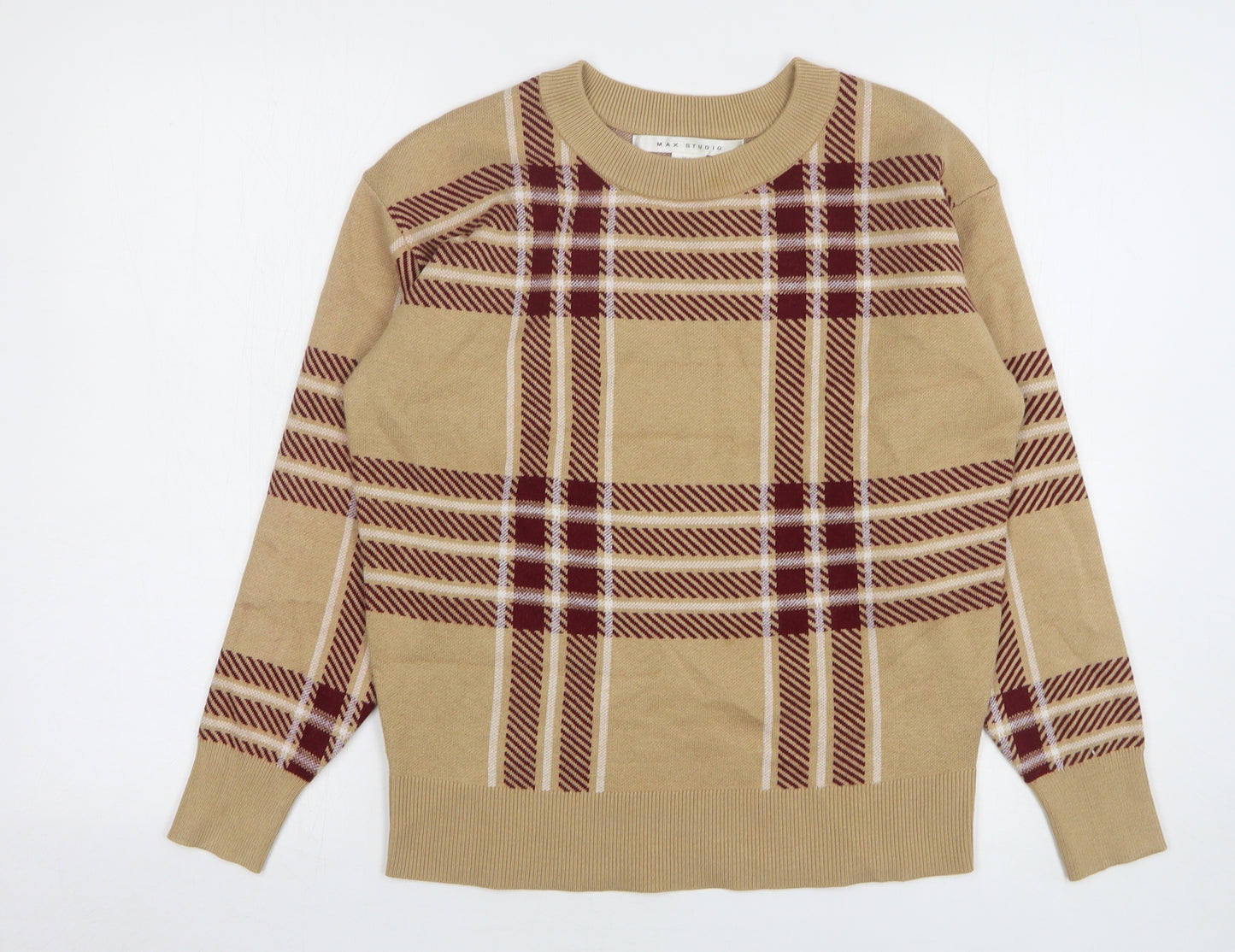 Max Studio Womens Beige Round Neck Plaid Viscose Pullover Jumper Size S