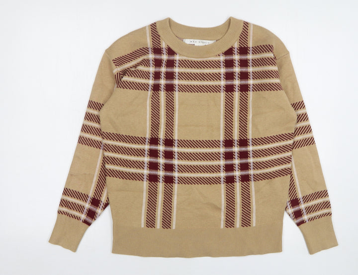 Max Studio Womens Beige Round Neck Plaid Viscose Pullover Jumper Size S
