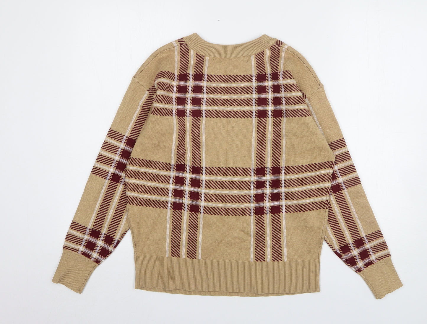 Max Studio Womens Beige Round Neck Plaid Viscose Pullover Jumper Size S