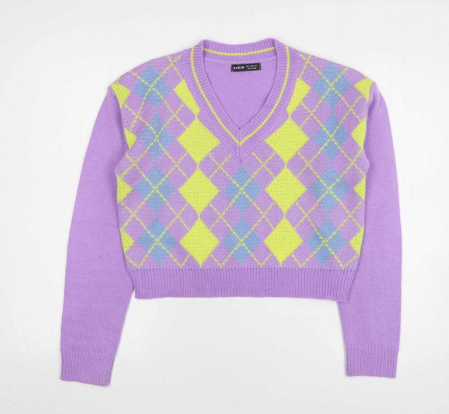 Shein Womens Purple V-Neck Argyle/Diamond Acrylic Pullover Jumper Size 10