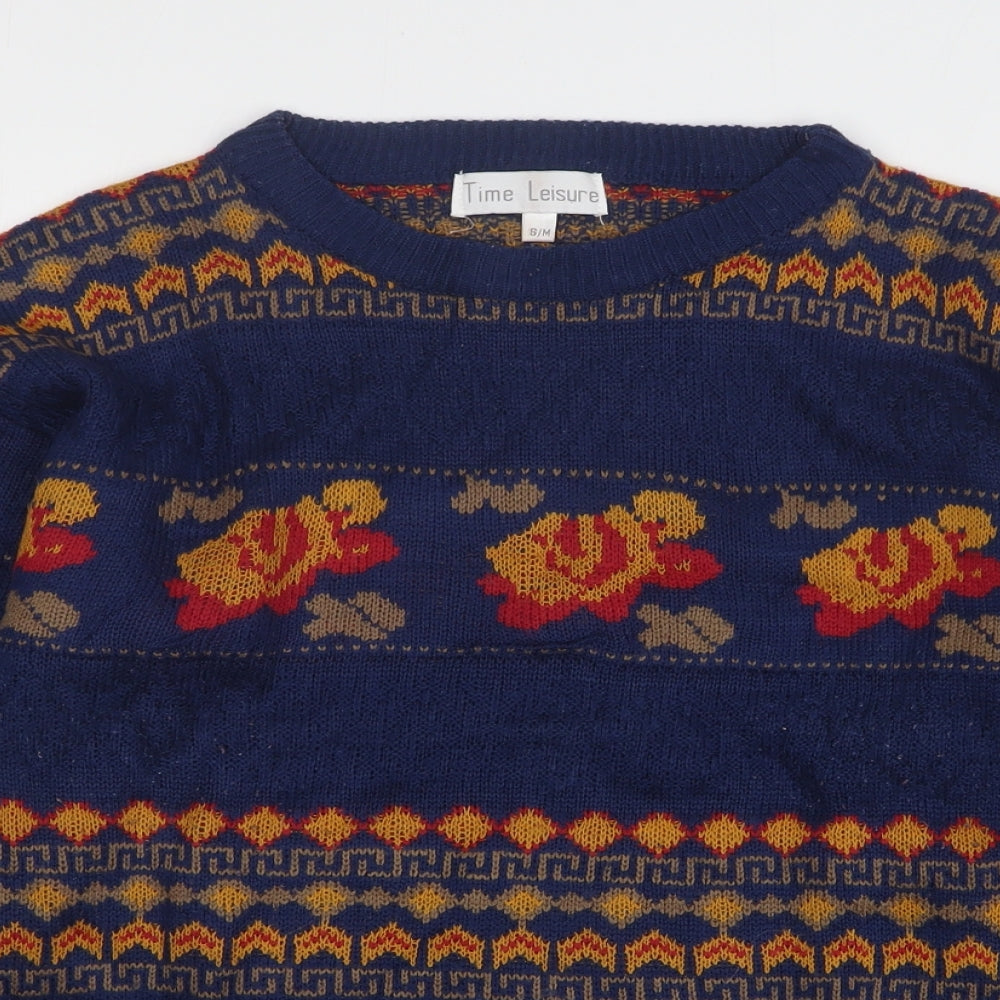 Time Leisure Womens Blue Round Neck Floral Acrylic Pullover Jumper Size S