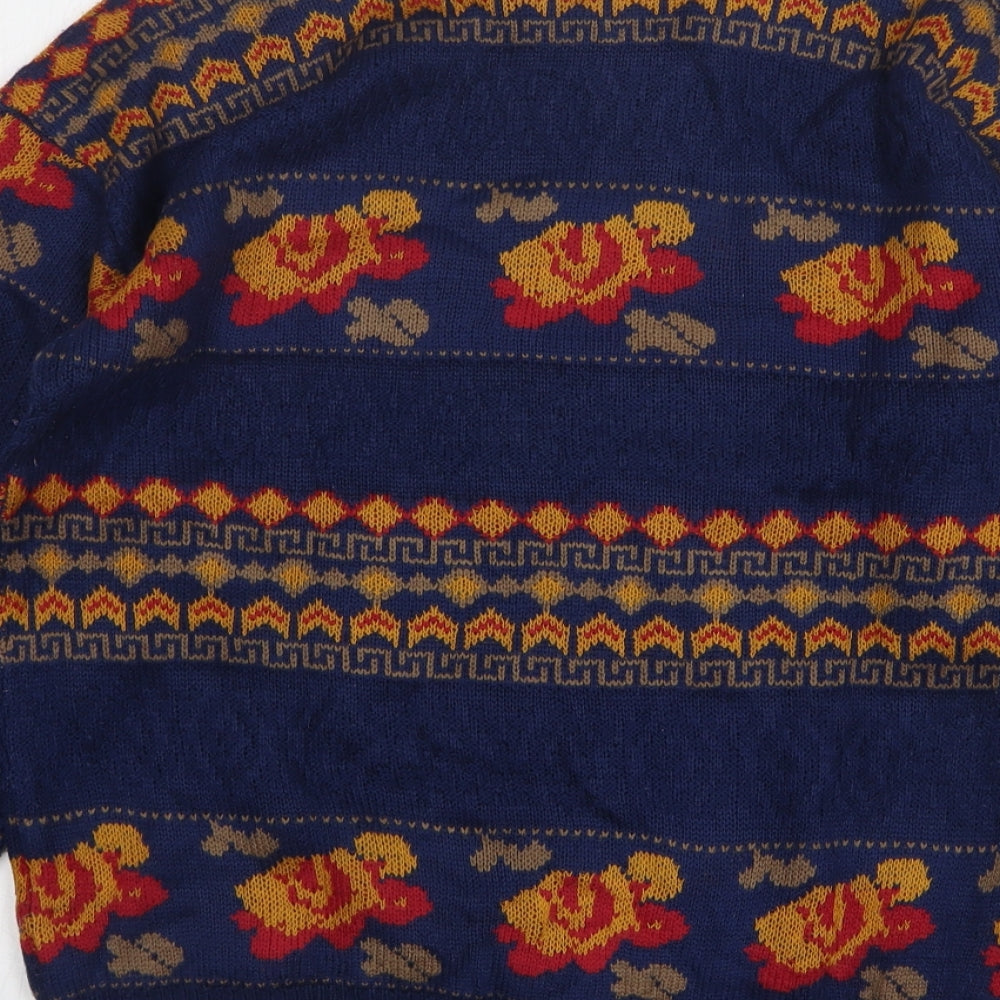 Time Leisure Womens Blue Round Neck Floral Acrylic Pullover Jumper Size S