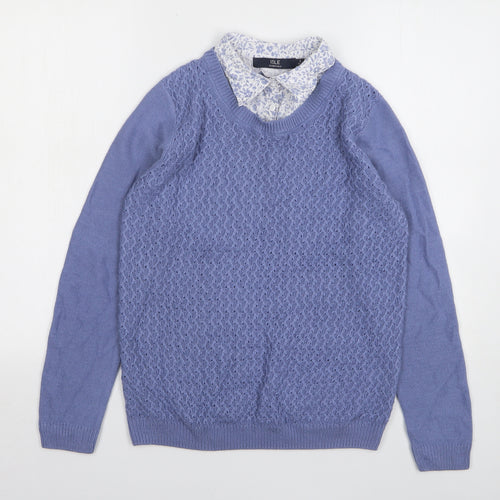 Isle Essentials Womens Blue Collared Acrylic Pullover Jumper Size 10