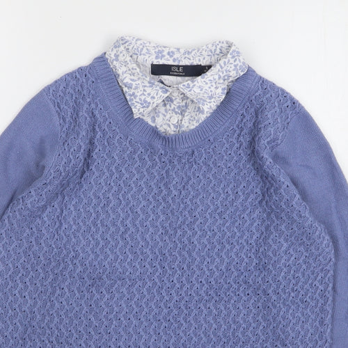 Isle Essentials Womens Blue Collared Acrylic Pullover Jumper Size 10