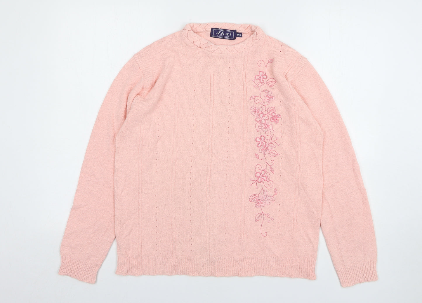 Akal Womens Pink Round Neck Floral Acrylic Pullover Jumper Size M
