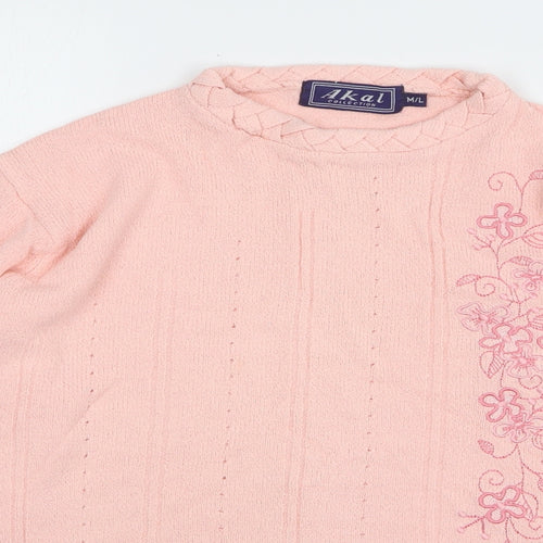 Akal Womens Pink Round Neck Floral Acrylic Pullover Jumper Size M