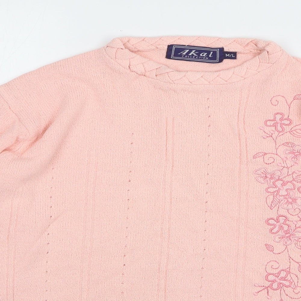 Akal Womens Pink Round Neck Floral Acrylic Pullover Jumper Size M