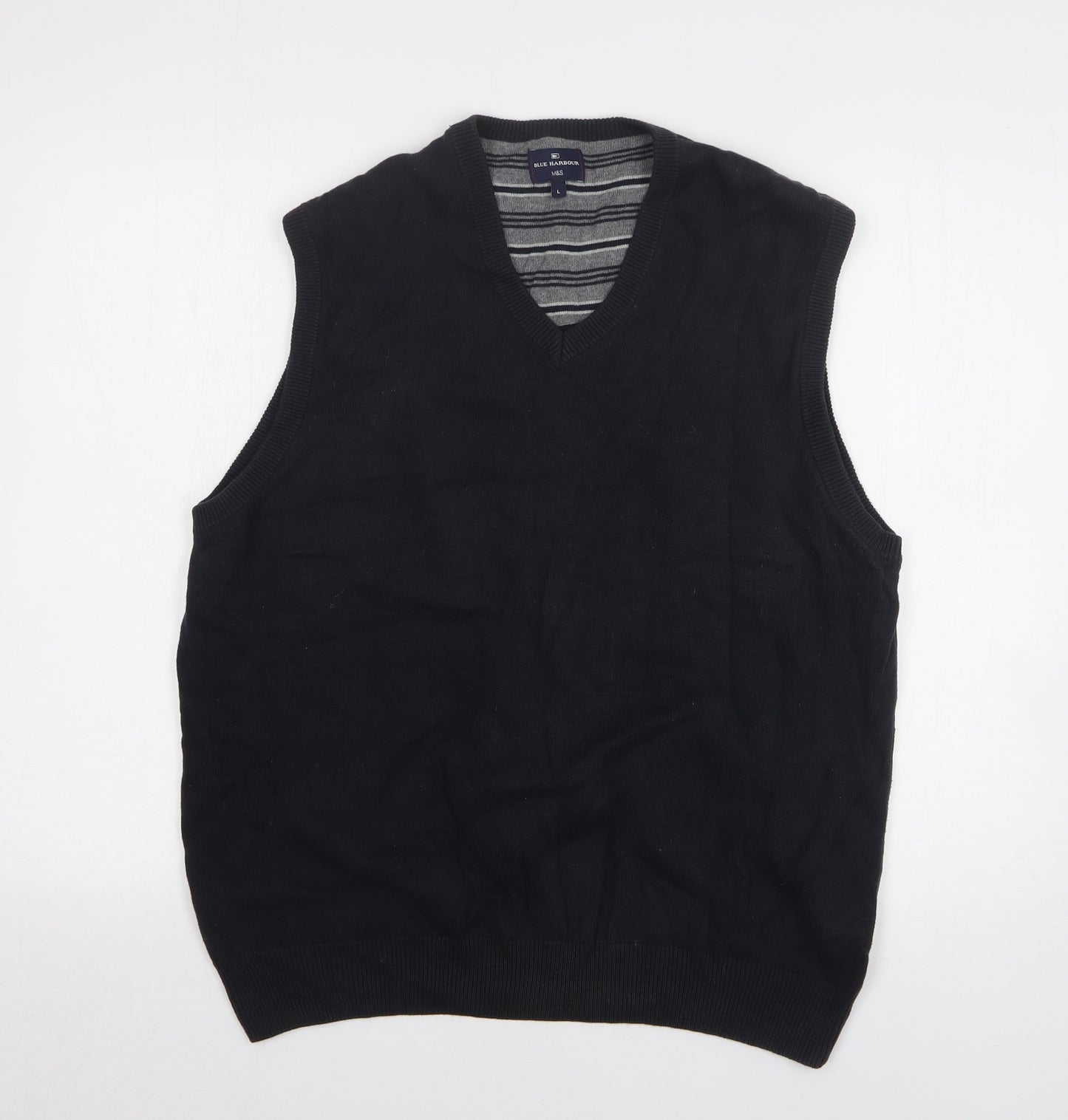 Blue Harbour Mens Black V-Neck Cotton Vest Jumper Size L