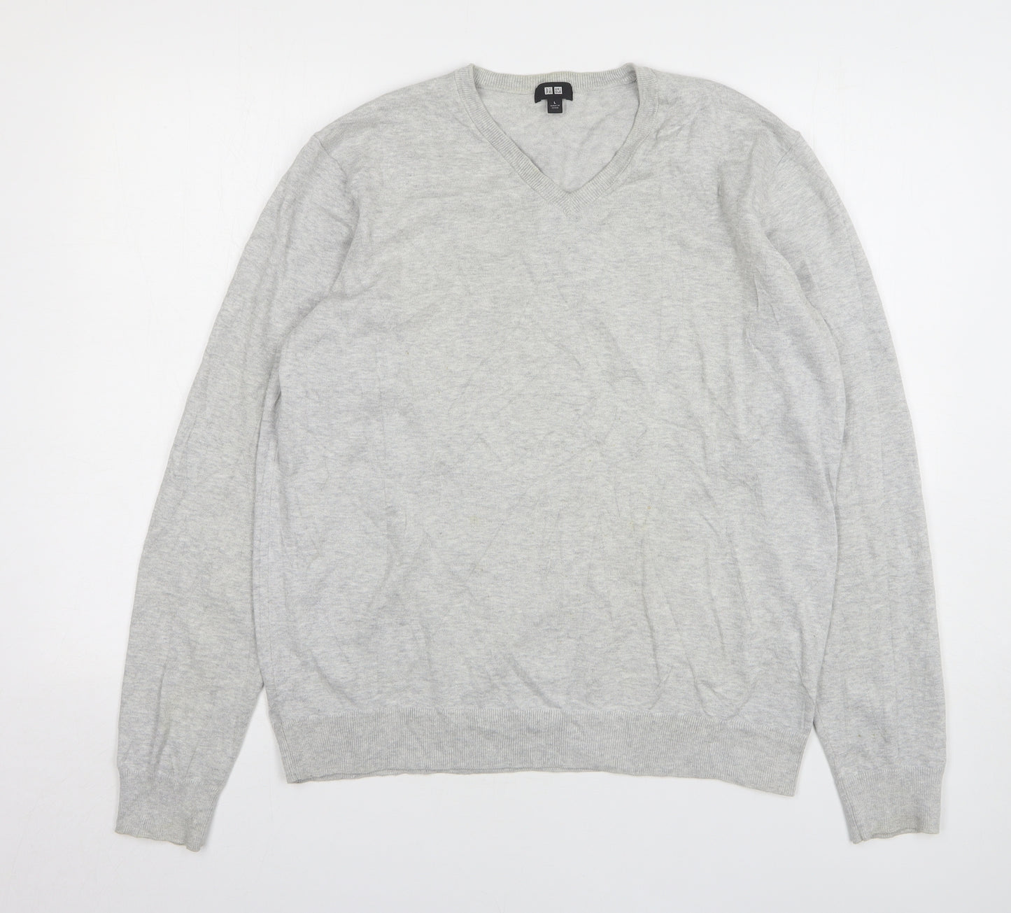 Uniqlo Mens Grey V-Neck Cotton Pullover Jumper Size L