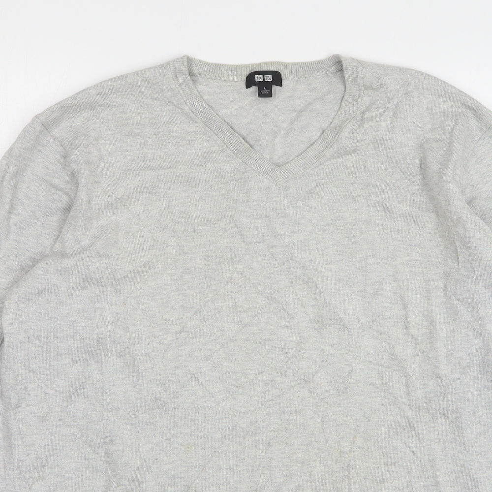 Uniqlo Mens Grey V-Neck Cotton Pullover Jumper Size L
