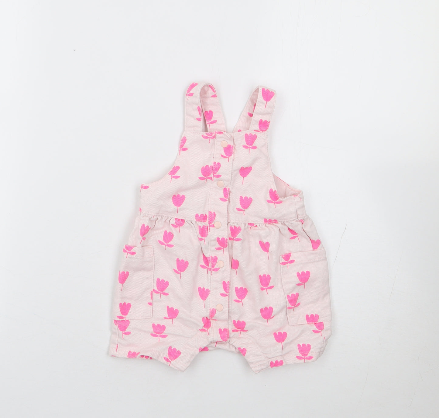Marks and Spencer Girls Pink Floral 100% Cotton Dungaree One-Piece Size 3-6 Months Snap