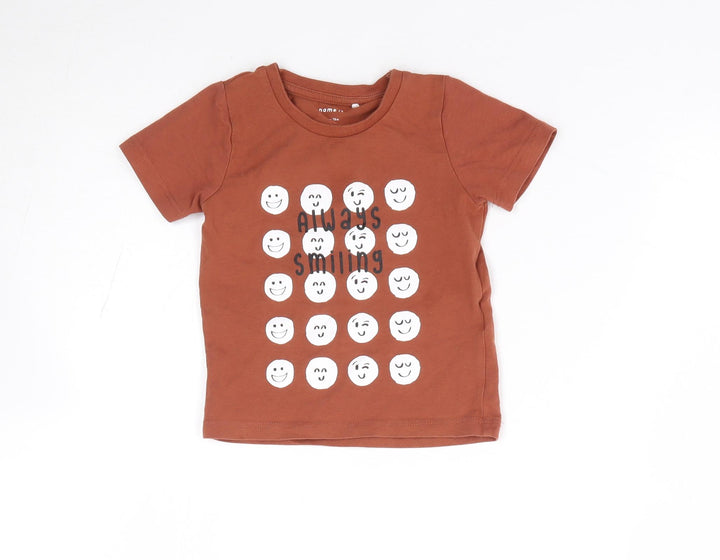 name it Boys Brown Cotton Cropped T-Shirt Size 9-12 Months Crew Neck Pullover - Smile