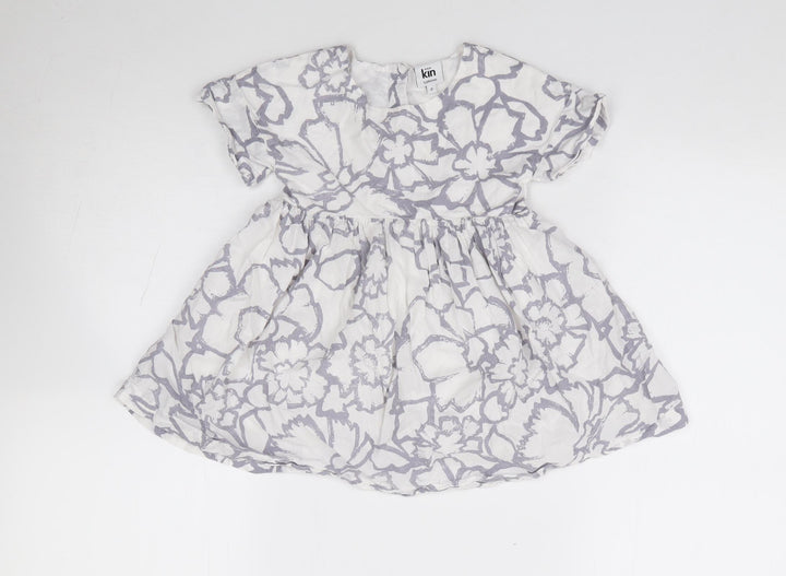 John Lewis Girls Ivory Floral 100% Cotton Fit & Flare Size 2 Years Round Neck Button