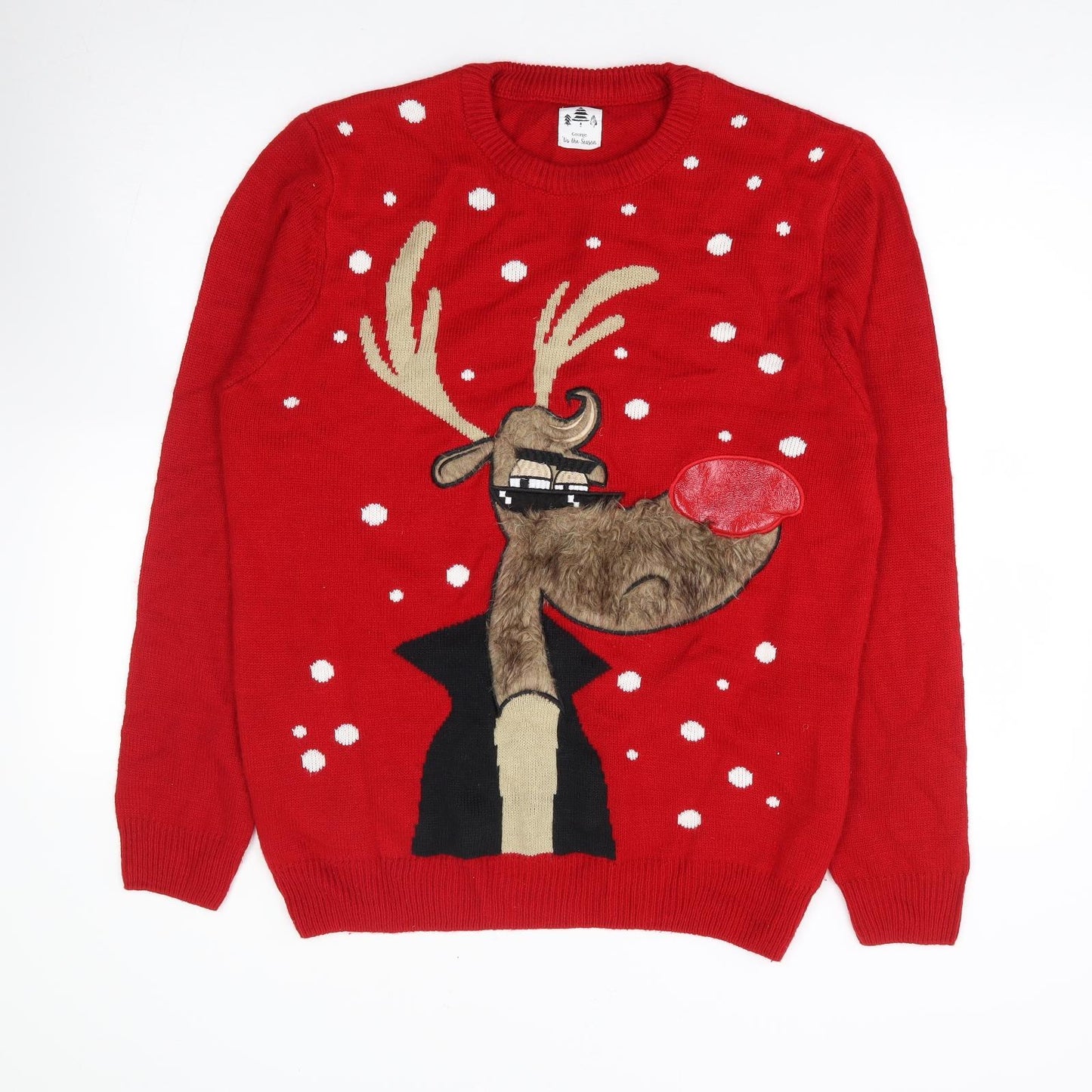 George Mens Red Crew Neck Geometric Acrylic Pullover Jumper Size L - Christmas