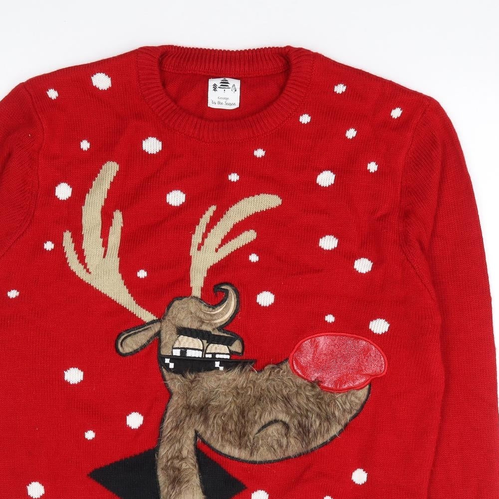 George Mens Red Crew Neck Geometric Acrylic Pullover Jumper Size L - Christmas