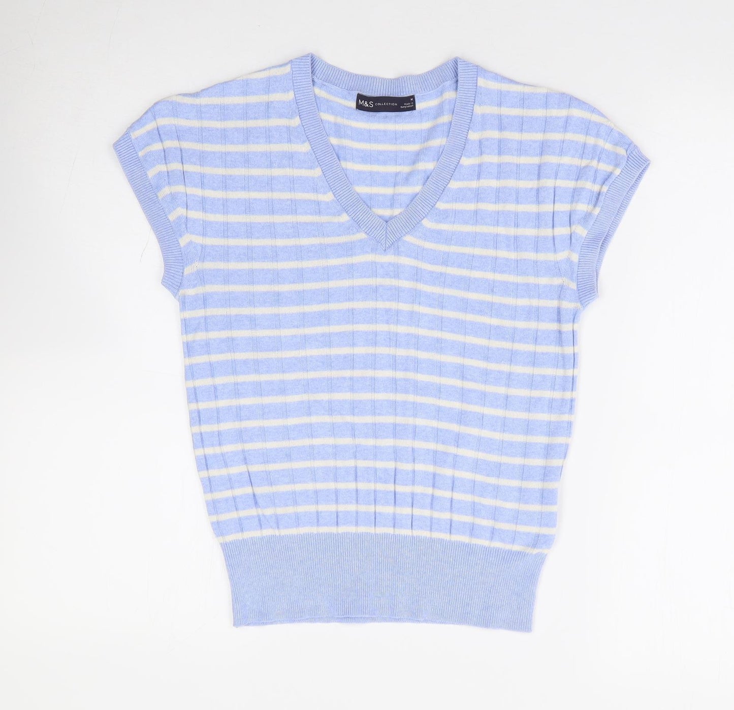 Marks and Spencer Womens Blue V-Neck Striped Viscose Pullover Jumper Size M