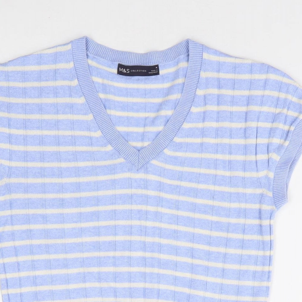 Marks and Spencer Womens Blue V-Neck Striped Viscose Pullover Jumper Size M