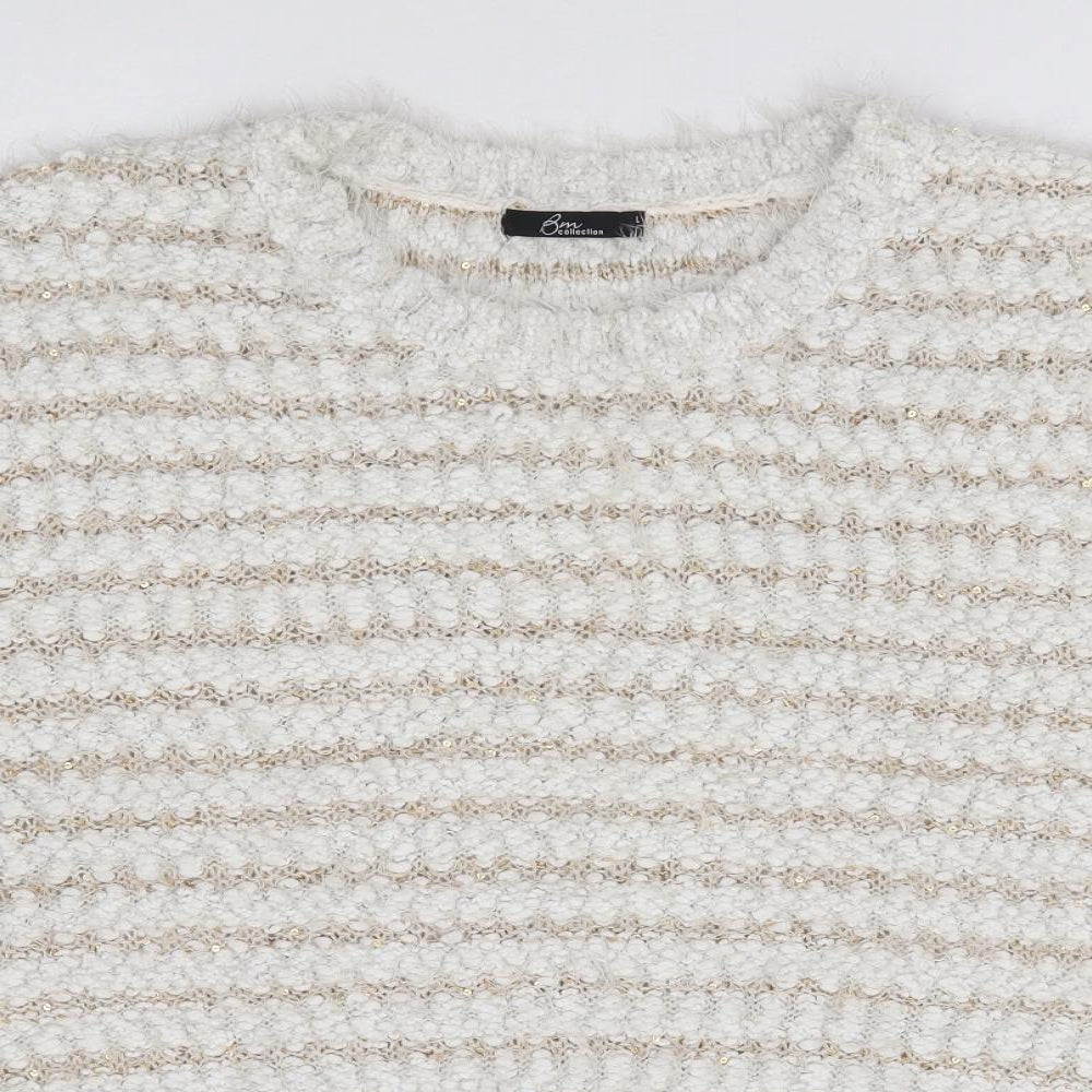 Bonmarché Womens Ivory Round Neck Striped Polyester Pullover Jumper Size L