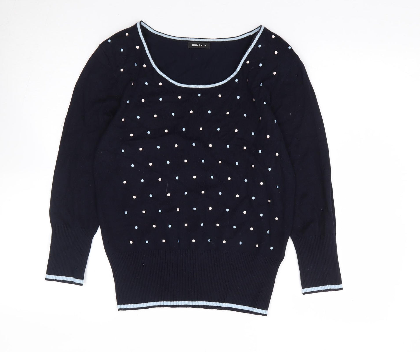 Roman Womens Blue Scoop Neck Polka Dot Viscose Pullover Jumper Size 12