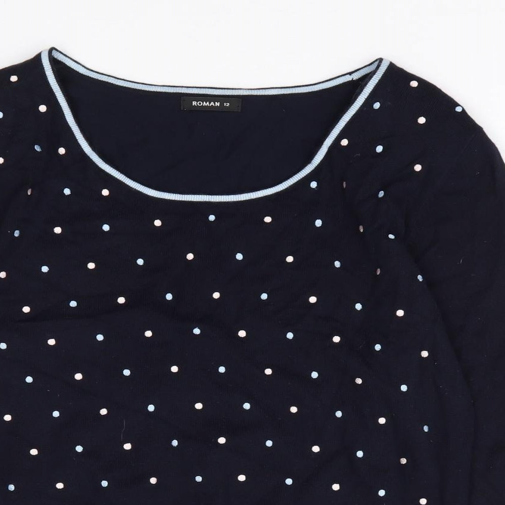Roman Womens Blue Scoop Neck Polka Dot Viscose Pullover Jumper Size 12