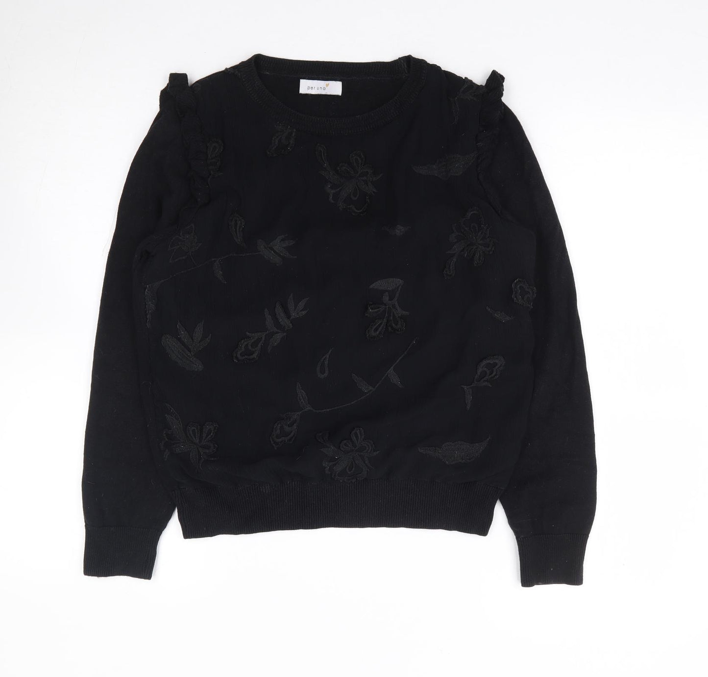 Per Una Womens Black Round Neck Floral Cotton Pullover Jumper Size 10