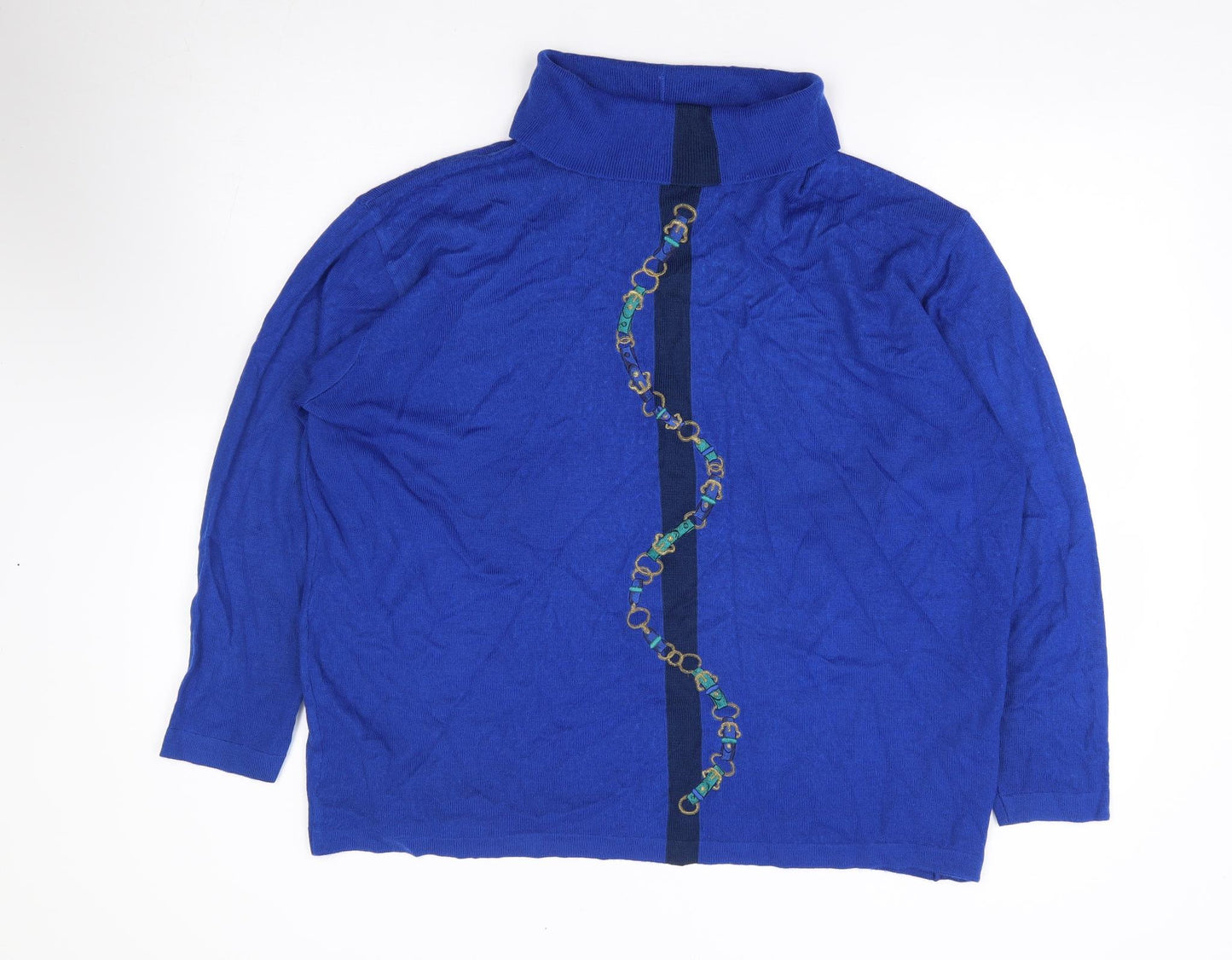 LUCIA Womens Blue Roll Neck Geometric Acrylic Henley Jumper Size L