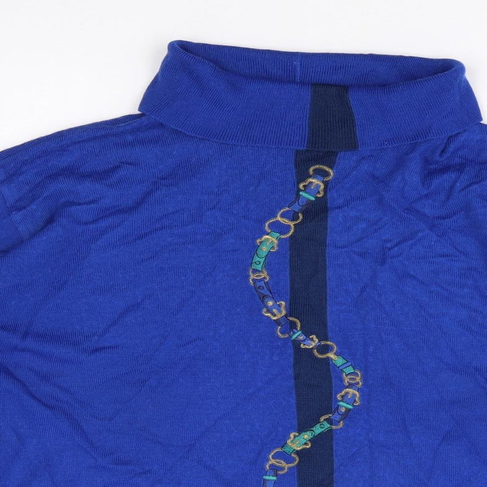 LUCIA Womens Blue Roll Neck Geometric Acrylic Henley Jumper Size L