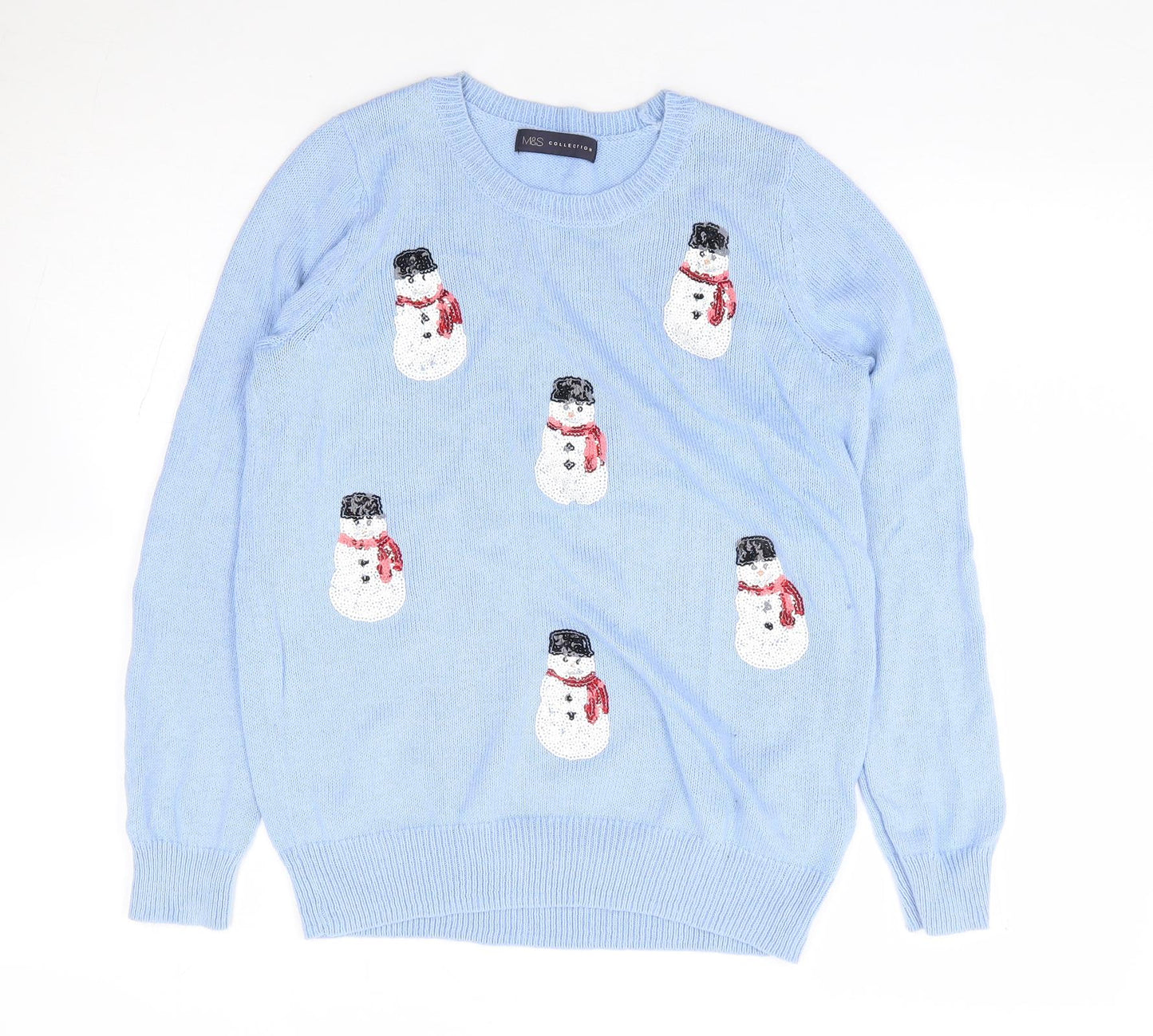 Marks and Spencer Womens Blue Crew Neck Geometric Cotton Pullover Jumper Size S - Christmas
