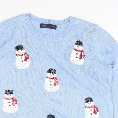 Marks and Spencer Womens Blue Crew Neck Geometric Cotton Pullover Jumper Size S - Christmas
