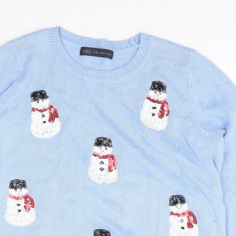 Marks and Spencer Womens Blue Crew Neck Geometric Cotton Pullover Jumper Size S - Christmas