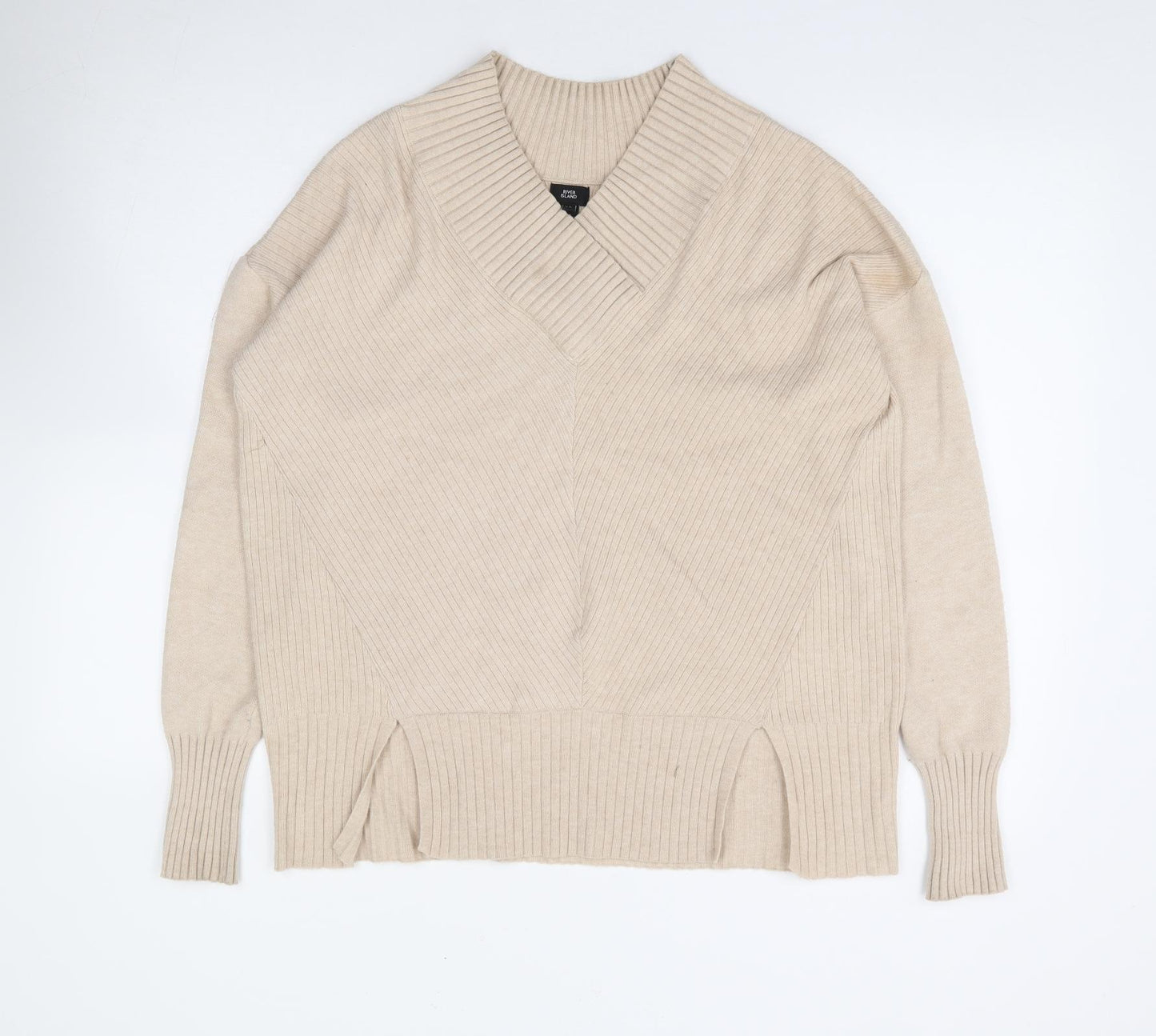 River Island Womens Beige V-Neck Viscose Pullover Jumper Size XS