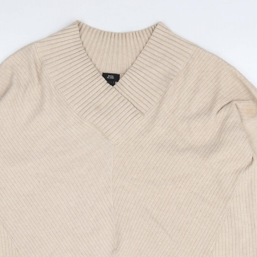River Island Womens Beige V-Neck Viscose Pullover Jumper Size XS