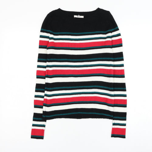 TU Womens Black Round Neck Striped Acrylic Pullover Jumper Size 8