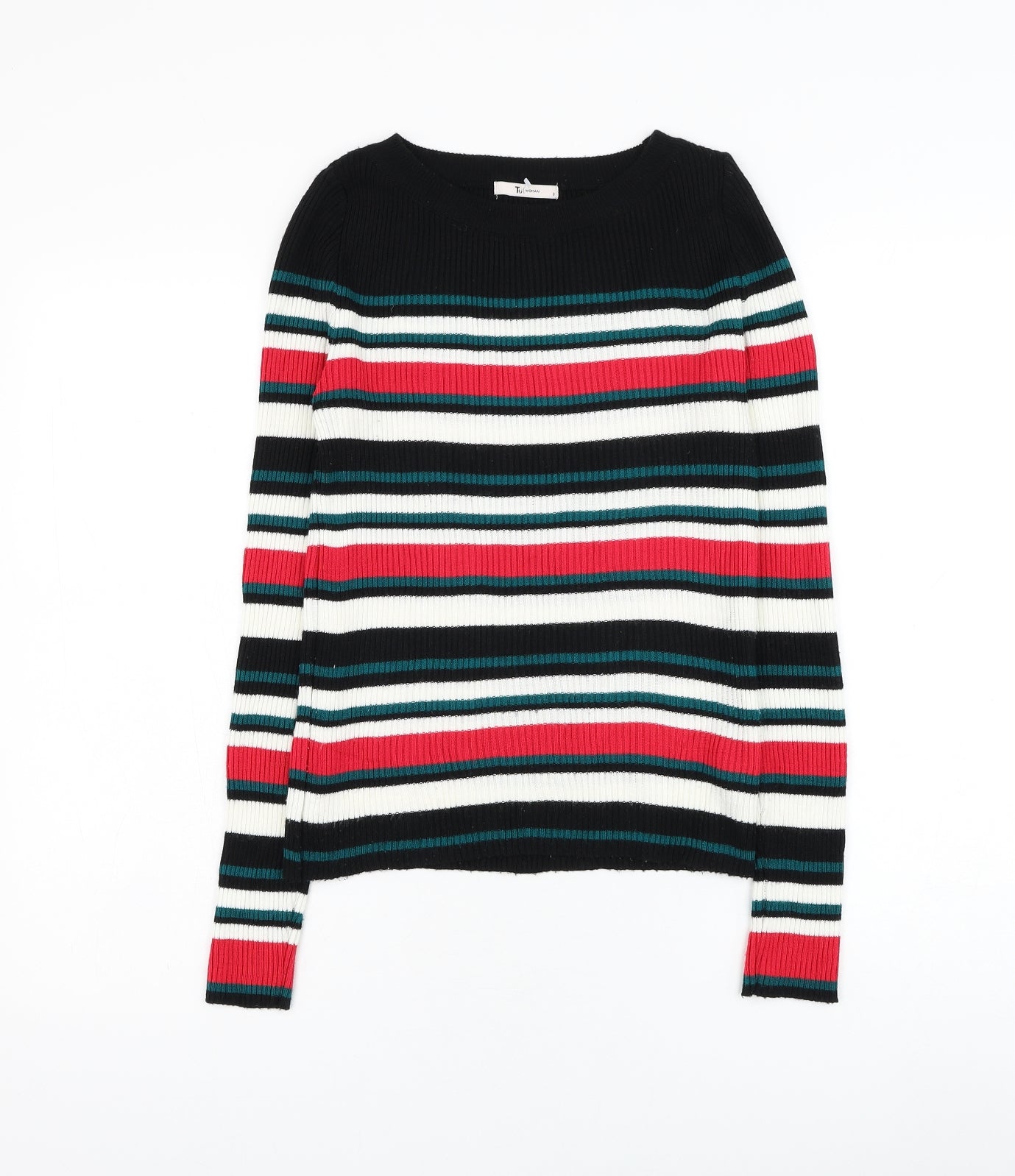 TU Womens Black Round Neck Striped Acrylic Pullover Jumper Size 8