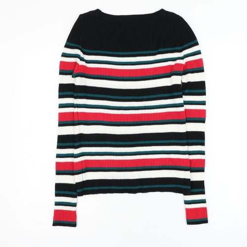 TU Womens Black Round Neck Striped Acrylic Pullover Jumper Size 8