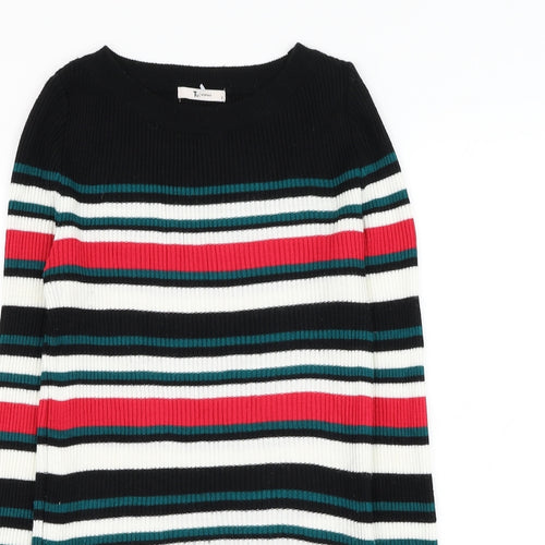 TU Womens Black Round Neck Striped Acrylic Pullover Jumper Size 8