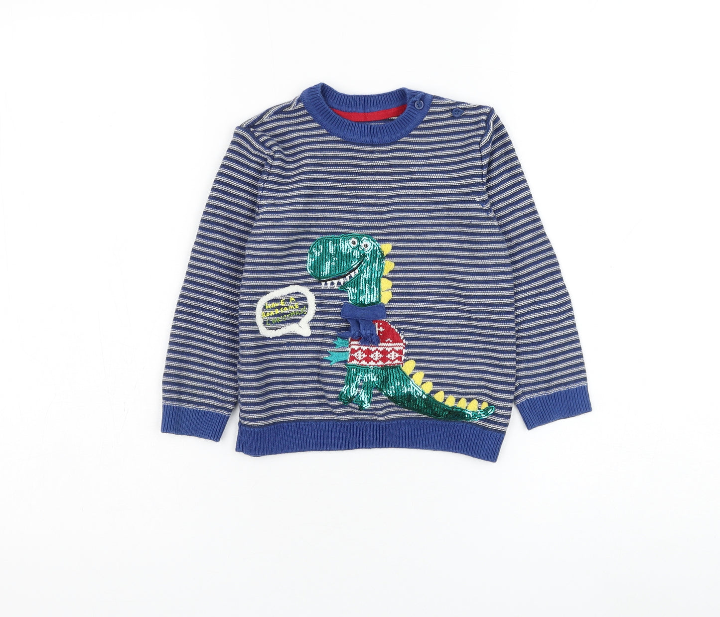 Mothercare Boys Blue Round Neck Striped Cotton Pullover Jumper Size 2-3 Years Pullover - Dinosaur