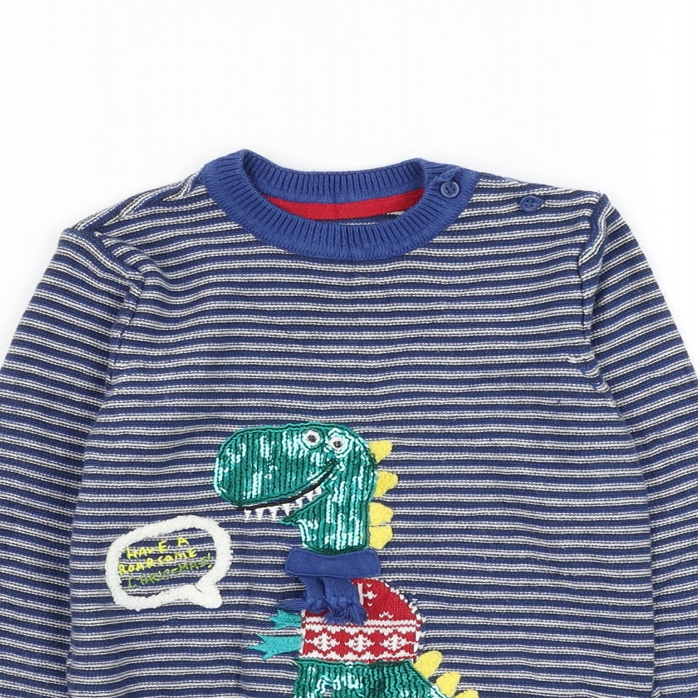 Mothercare Boys Blue Round Neck Striped Cotton Pullover Jumper Size 2-3 Years Pullover - Dinosaur