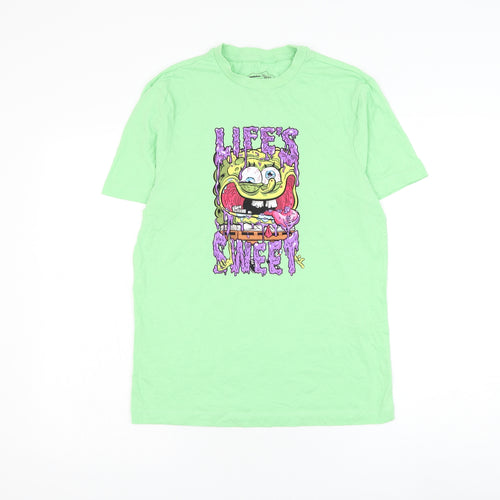 Primark Mens Green Cotton T-Shirt Size S Round Neck - Spongebob