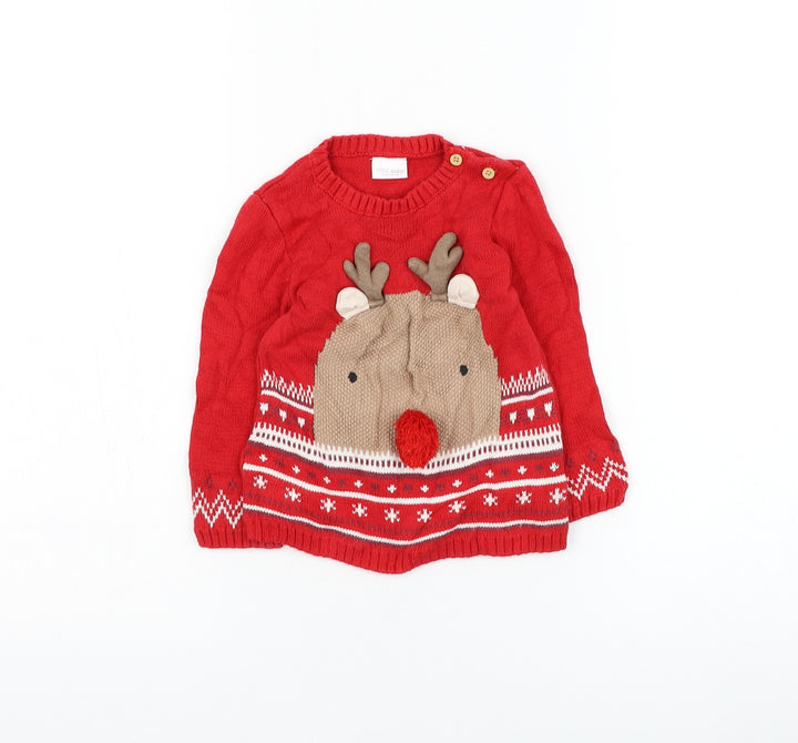 NEXT Boys Red Cotton Pullover Jumper Size 12-18 Months Pullover - Christmas, Reindeer
