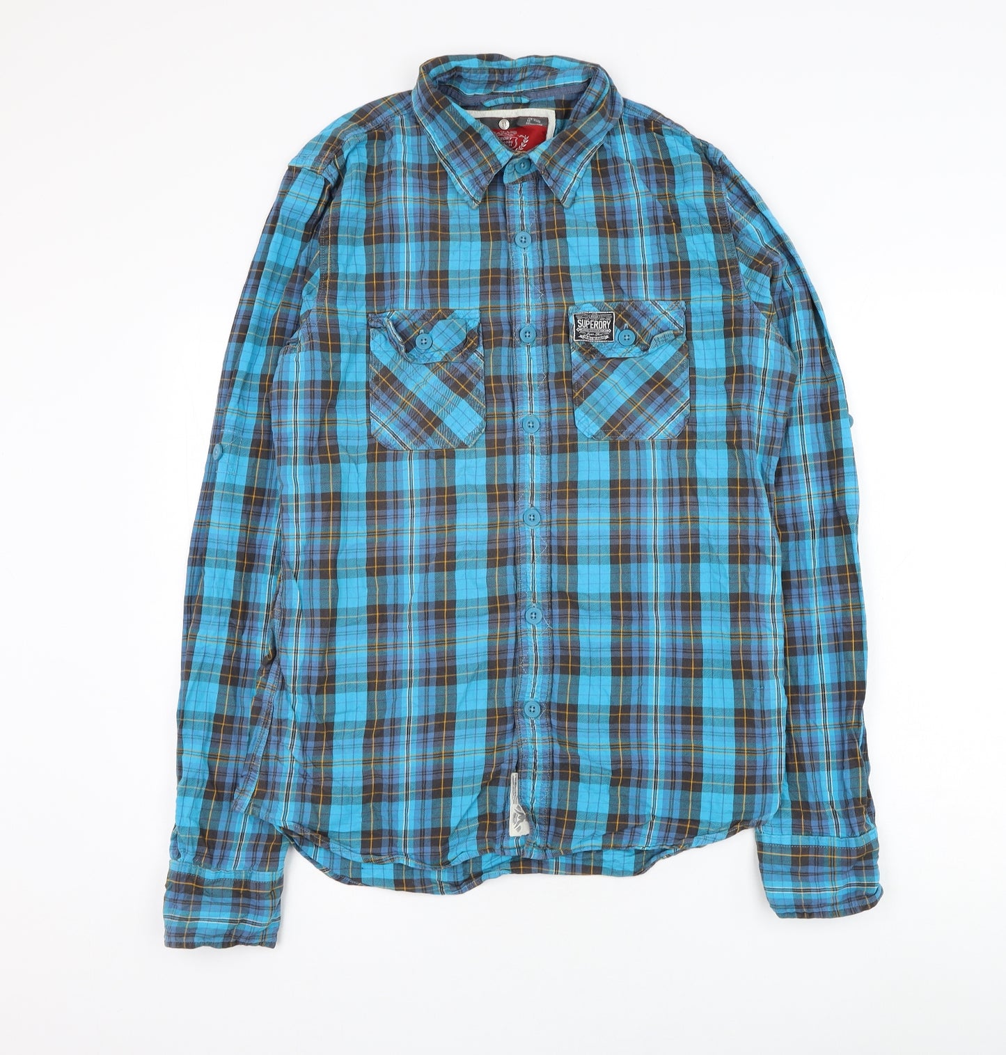 Superdry Mens Blue Check Cotton Button-Up Size XL Collared Button