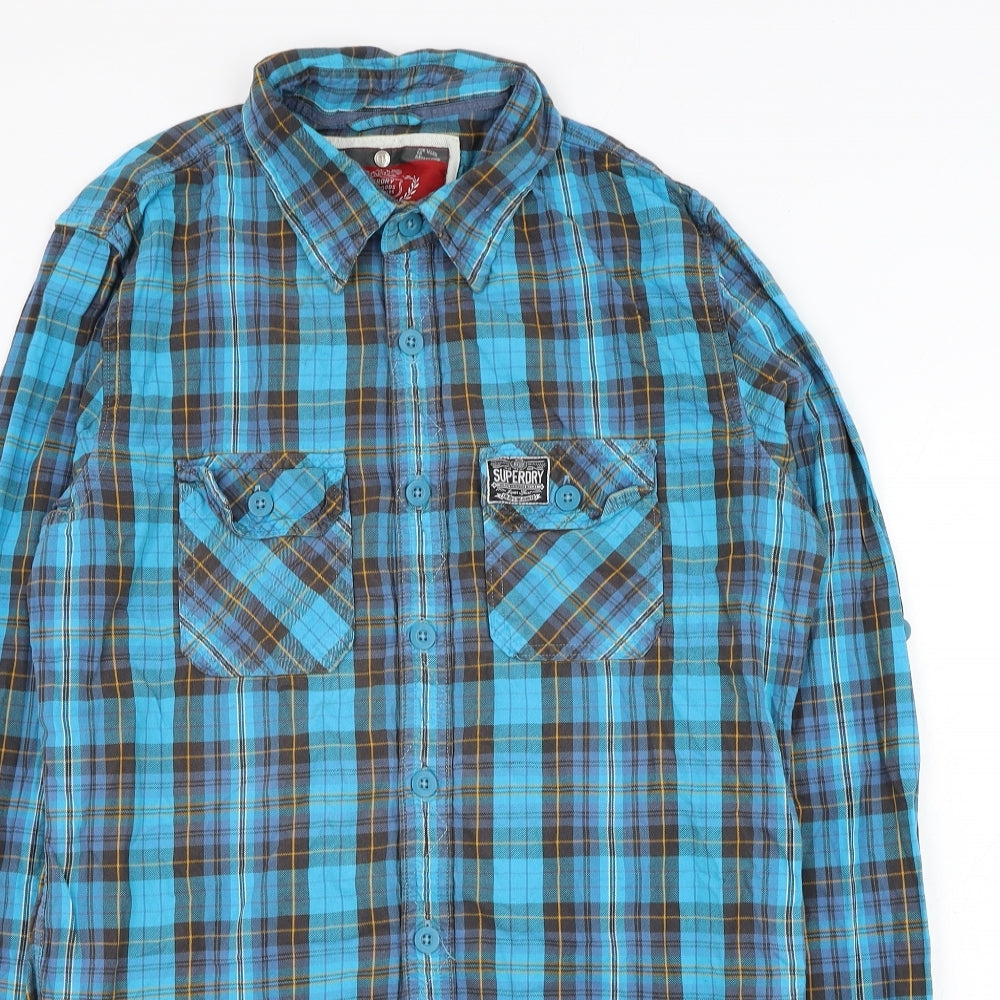 Superdry Mens Blue Check Cotton Button-Up Size XL Collared Button