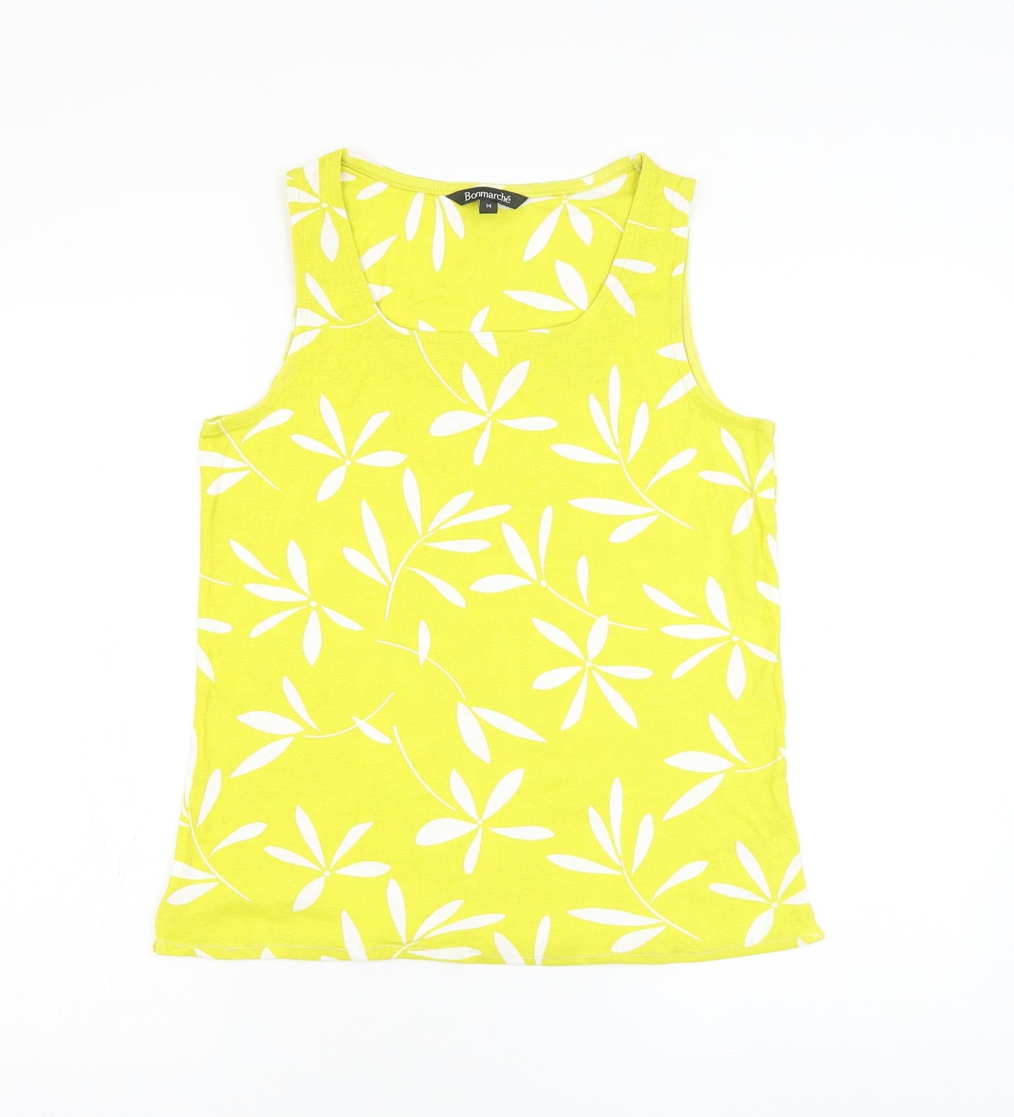 Bonmarché Womens Yellow Floral Cotton Basic Tank Size 14 Round Neck