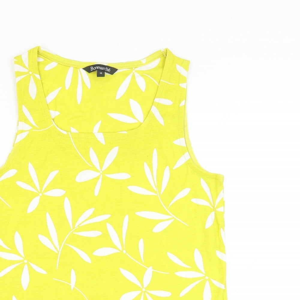 Bonmarché Womens Yellow Floral Cotton Basic Tank Size 14 Round Neck
